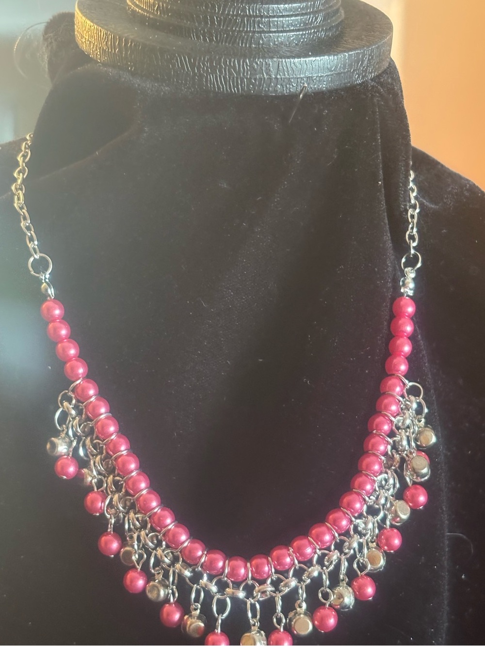 Rhinestone Beaded Fringe Necklace - Pink